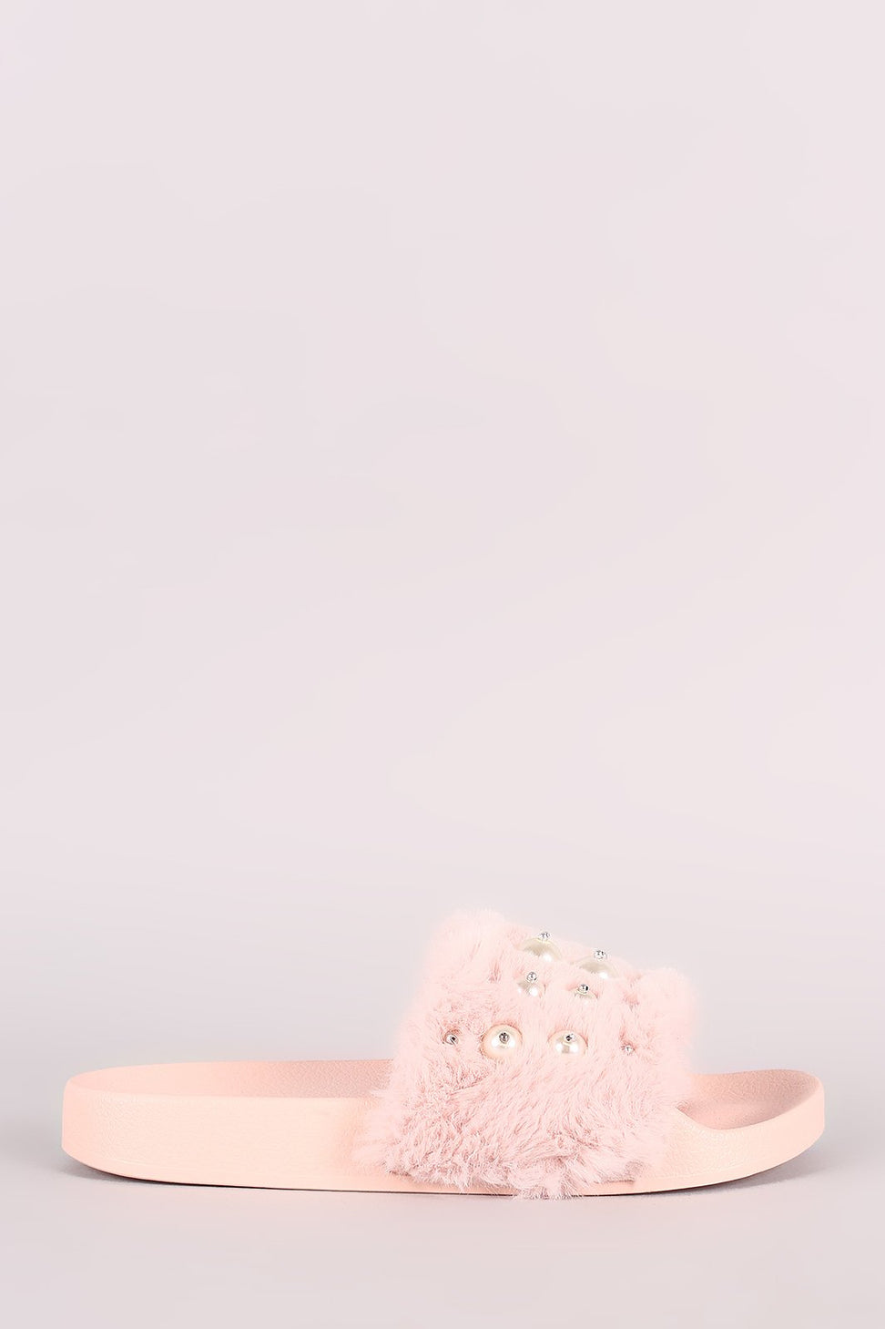 Beaded Pearl Embellished Faux Fur Slide Sandals