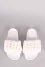 Beaded Pearl Embellished Faux Fur Slide Sandals