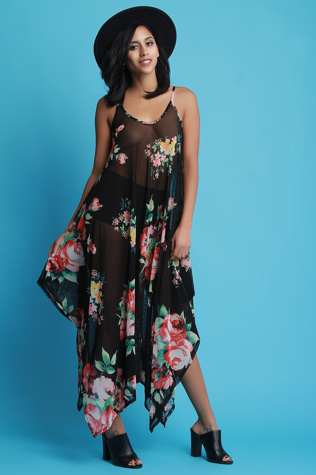 Floral Mesh Scooped Neck Handkerchief Maxi Dress