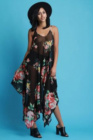 Floral Mesh Scooped Neck Handkerchief Maxi Dress