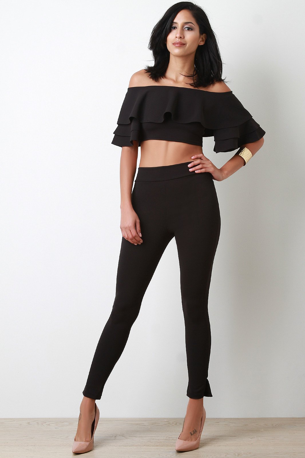 Ruffle Tiered Statement Sleeve Bardot Crop Top With Pants Set