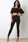 Ruffle Tiered Statement Sleeve Bardot Crop Top With Pants Set