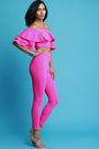 Ruffle Tiered Statement Sleeve Bardot Crop Top With Pants Set
