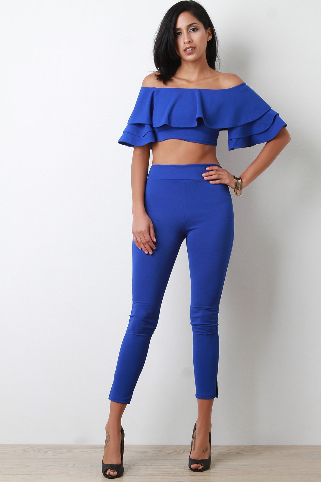 Ruffle Tiered Statement Sleeve Bardot Crop Top With Pants Set