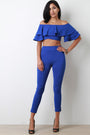 Ruffle Tiered Statement Sleeve Bardot Crop Top With Pants Set