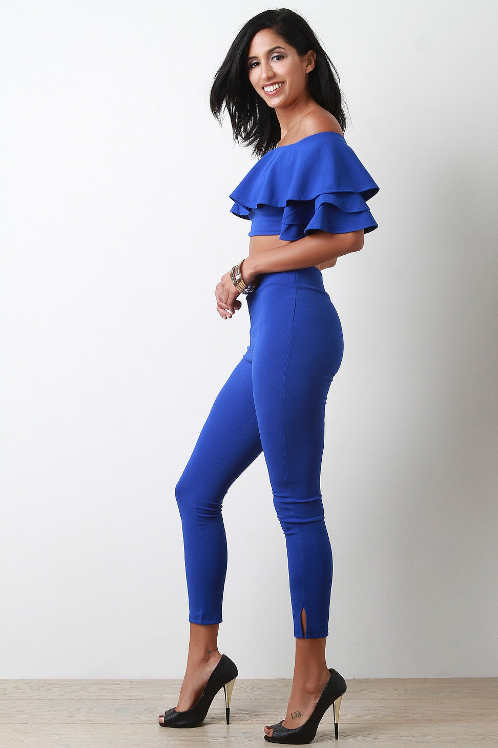 Ruffle Tiered Statement Sleeve Bardot Crop Top With Pants Set