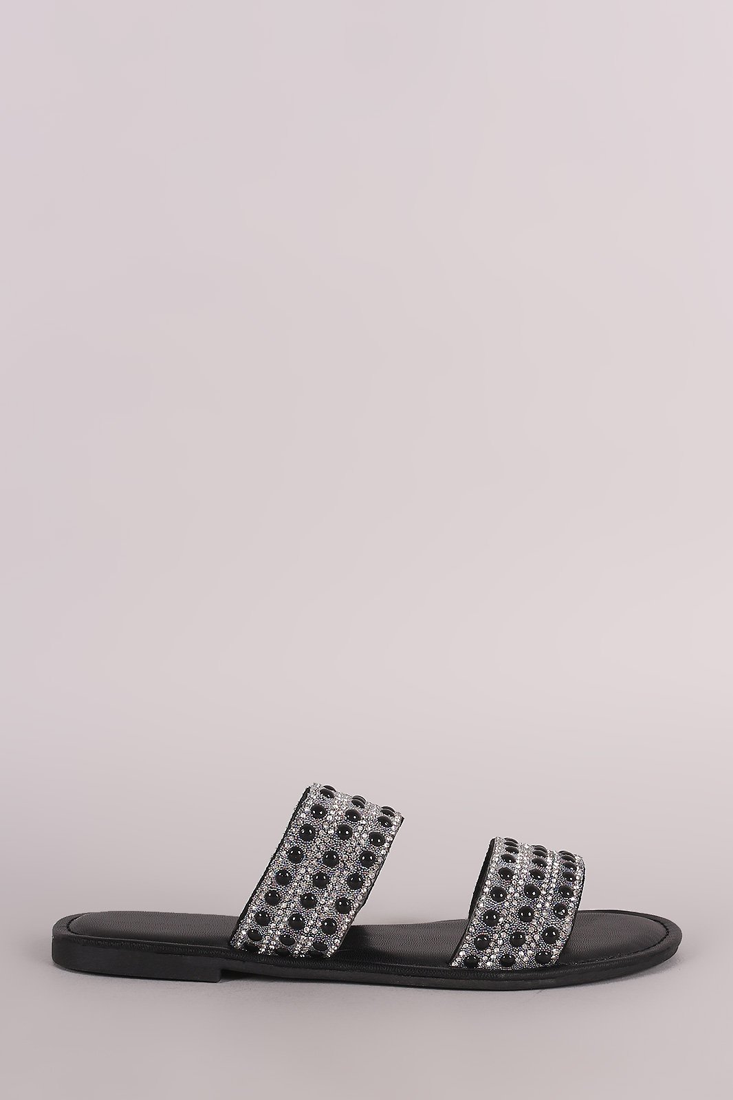 Bamboo Rhinestone Pearl Double Band Slip On Flat Sandal