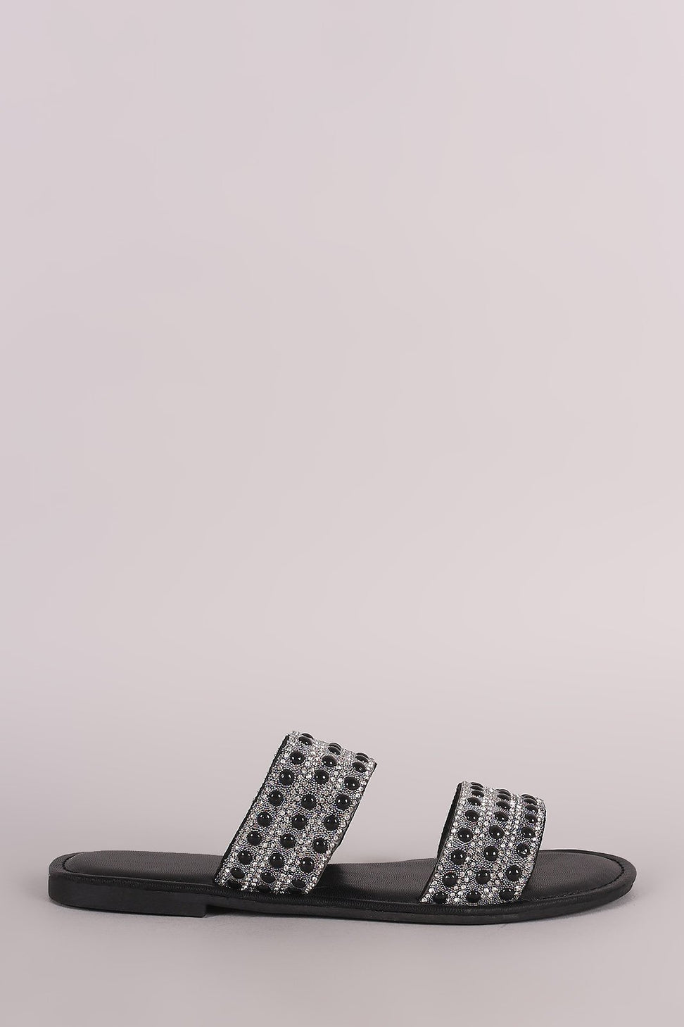 Bamboo Rhinestone Pearl Double Band Slip On Flat Sandal