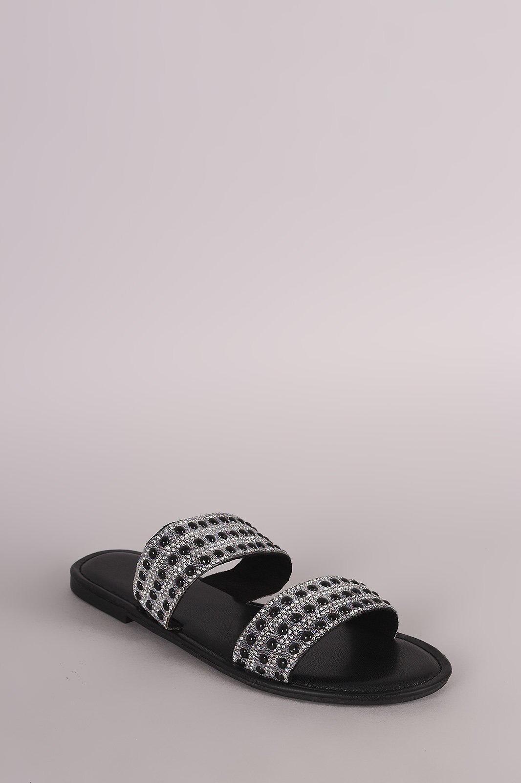 Bamboo Rhinestone Pearl Double Band Slip On Flat Sandal