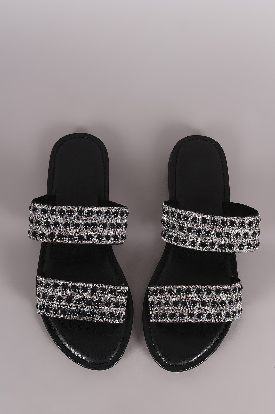 Bamboo Rhinestone Pearl Double Band Slip On Flat Sandal