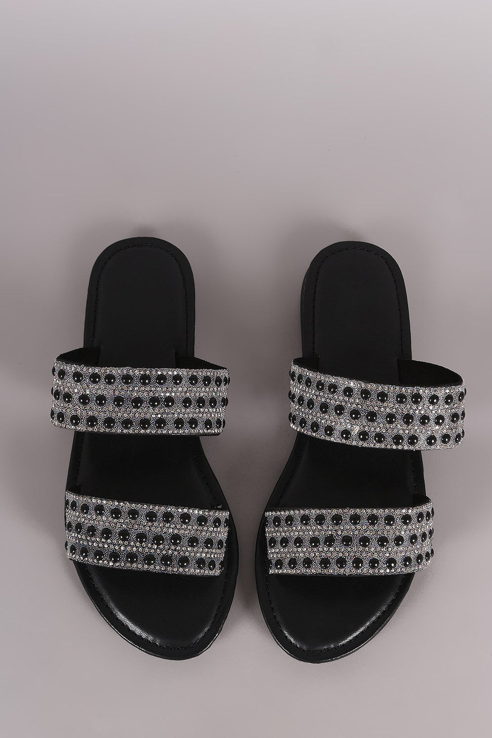 Bamboo Rhinestone Pearl Double Band Slip On Flat Sandal