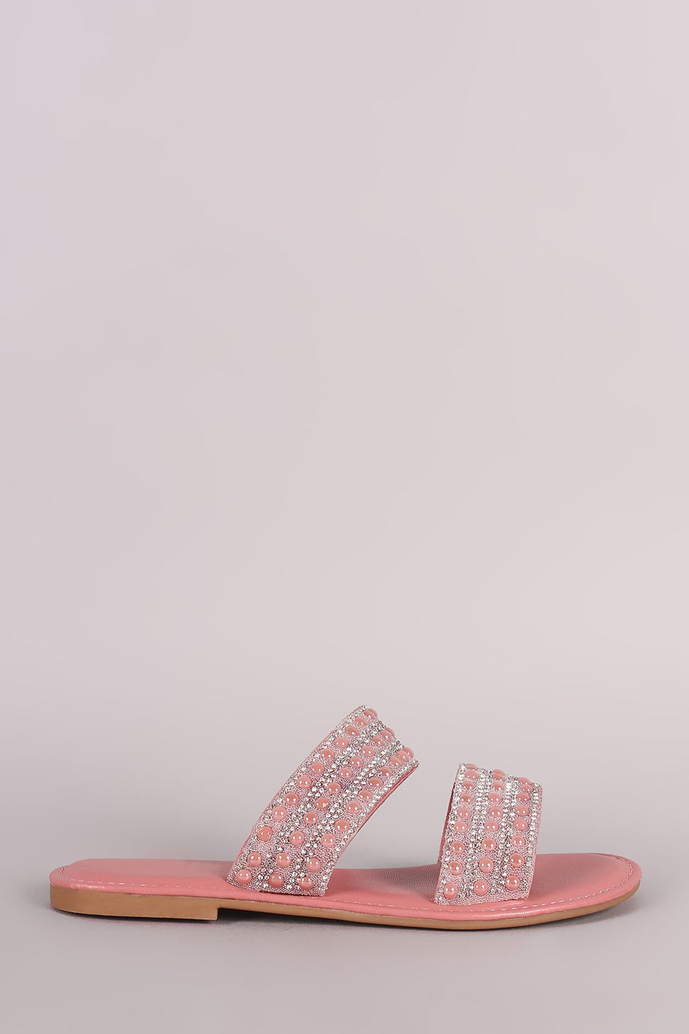 Bamboo Rhinestone Pearl Double Band Slip On Flat Sandal