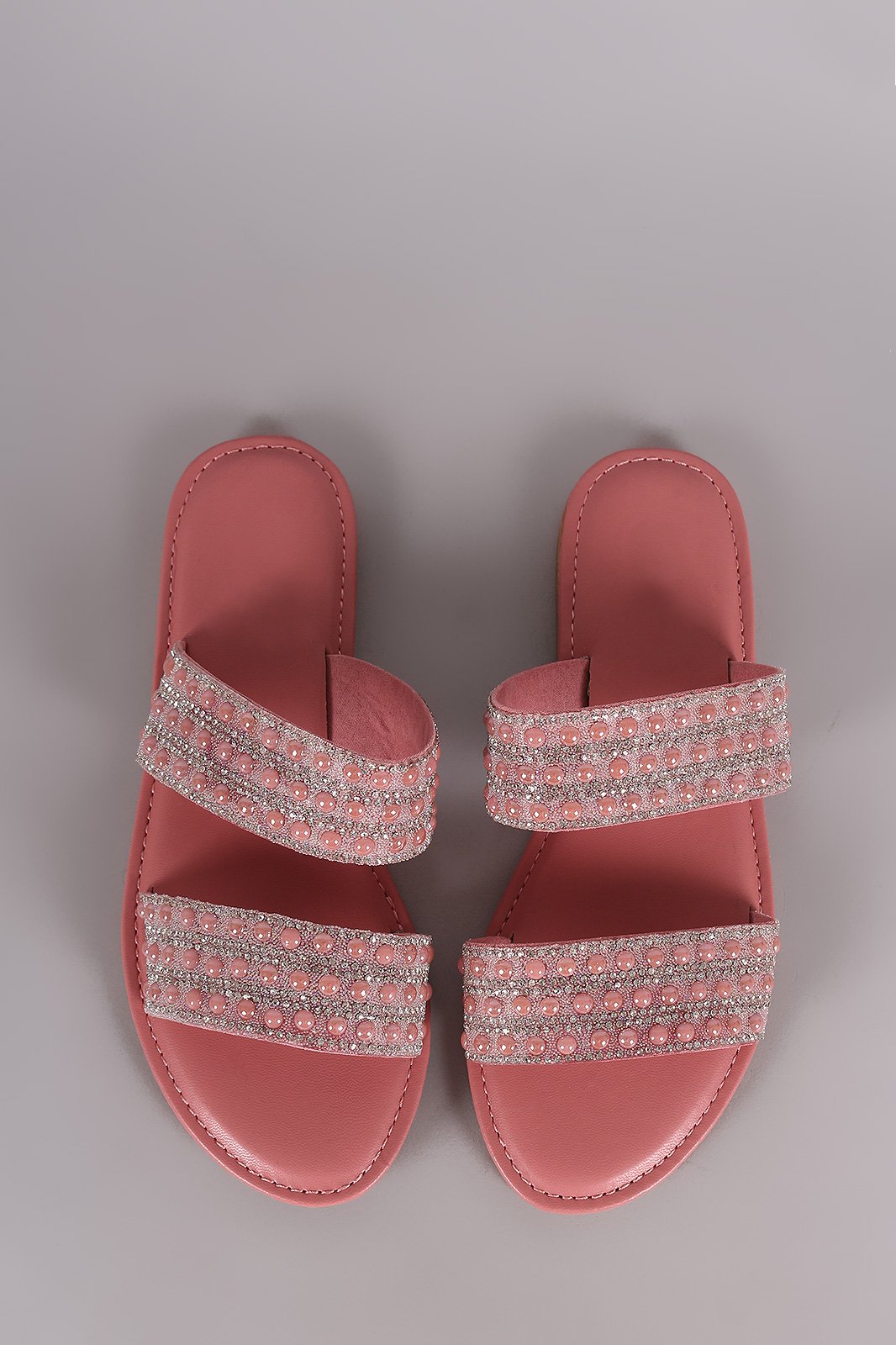 Bamboo Rhinestone Pearl Double Band Slip On Flat Sandal