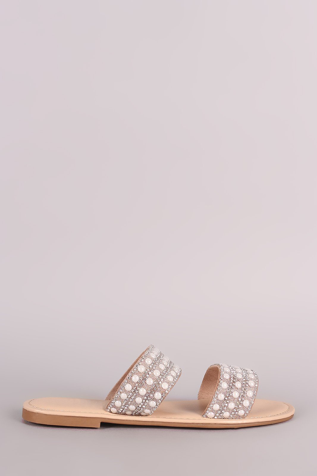 Bamboo Rhinestone Pearl Double Band Slip On Flat Sandal