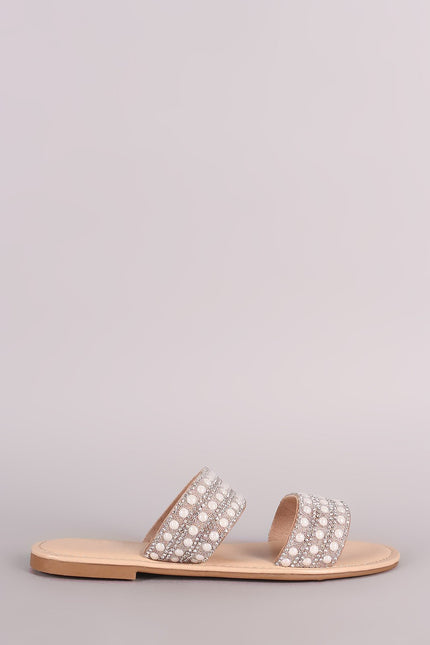 Bamboo Rhinestone Pearl Double Band Slip On Flat Sandal