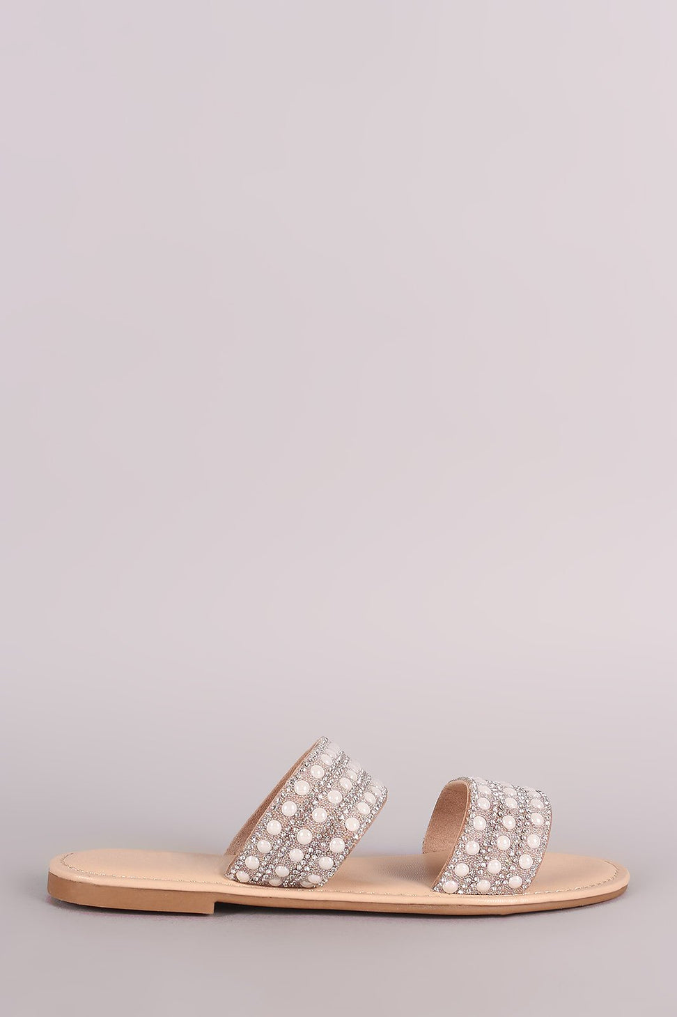 Bamboo Rhinestone Pearl Double Band Slip On Flat Sandal