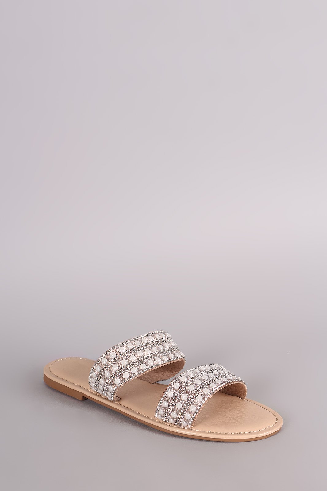 Bamboo Rhinestone Pearl Double Band Slip On Flat Sandal