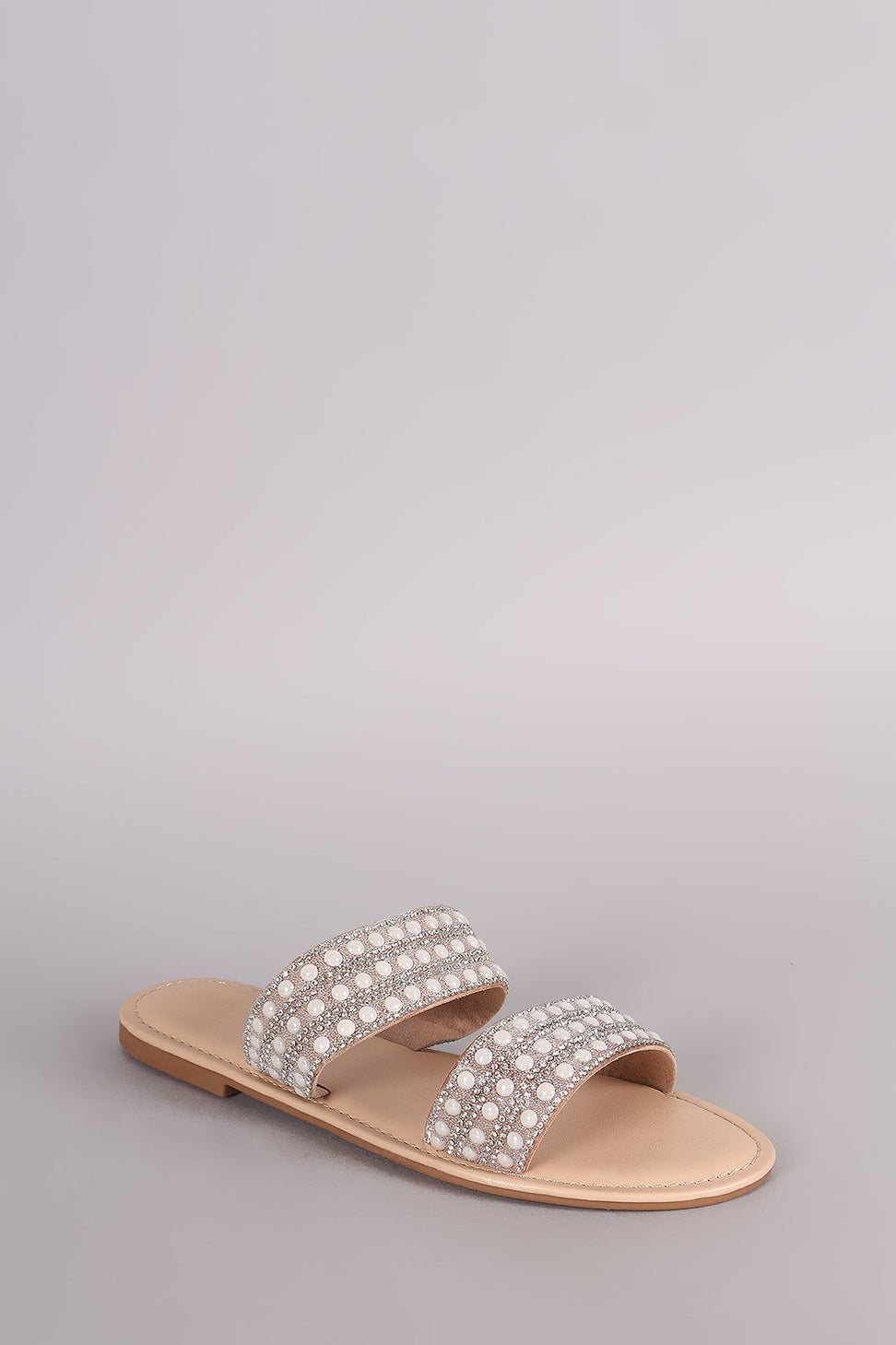 Bamboo Rhinestone Pearl Double Band Slip On Flat Sandal
