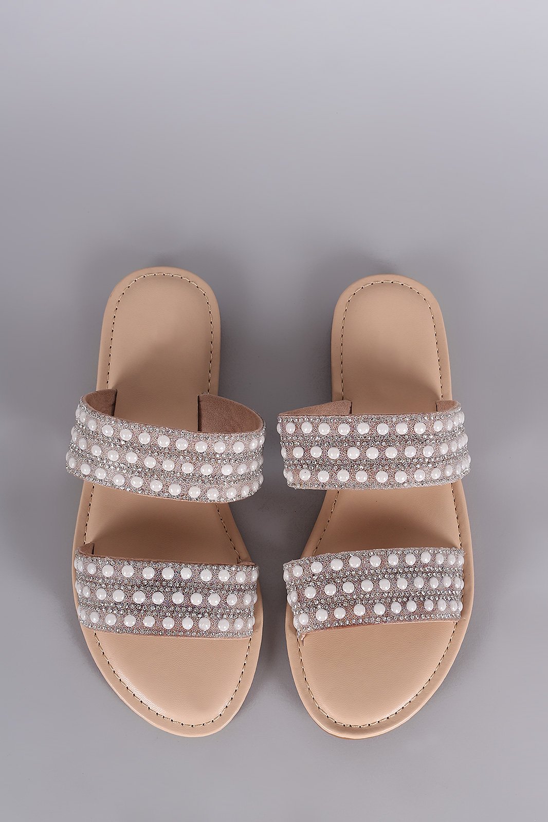 Bamboo Rhinestone Pearl Double Band Slip On Flat Sandal
