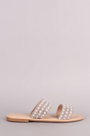 Bamboo Rhinestone Pearl Double Band Slip On Flat Sandal