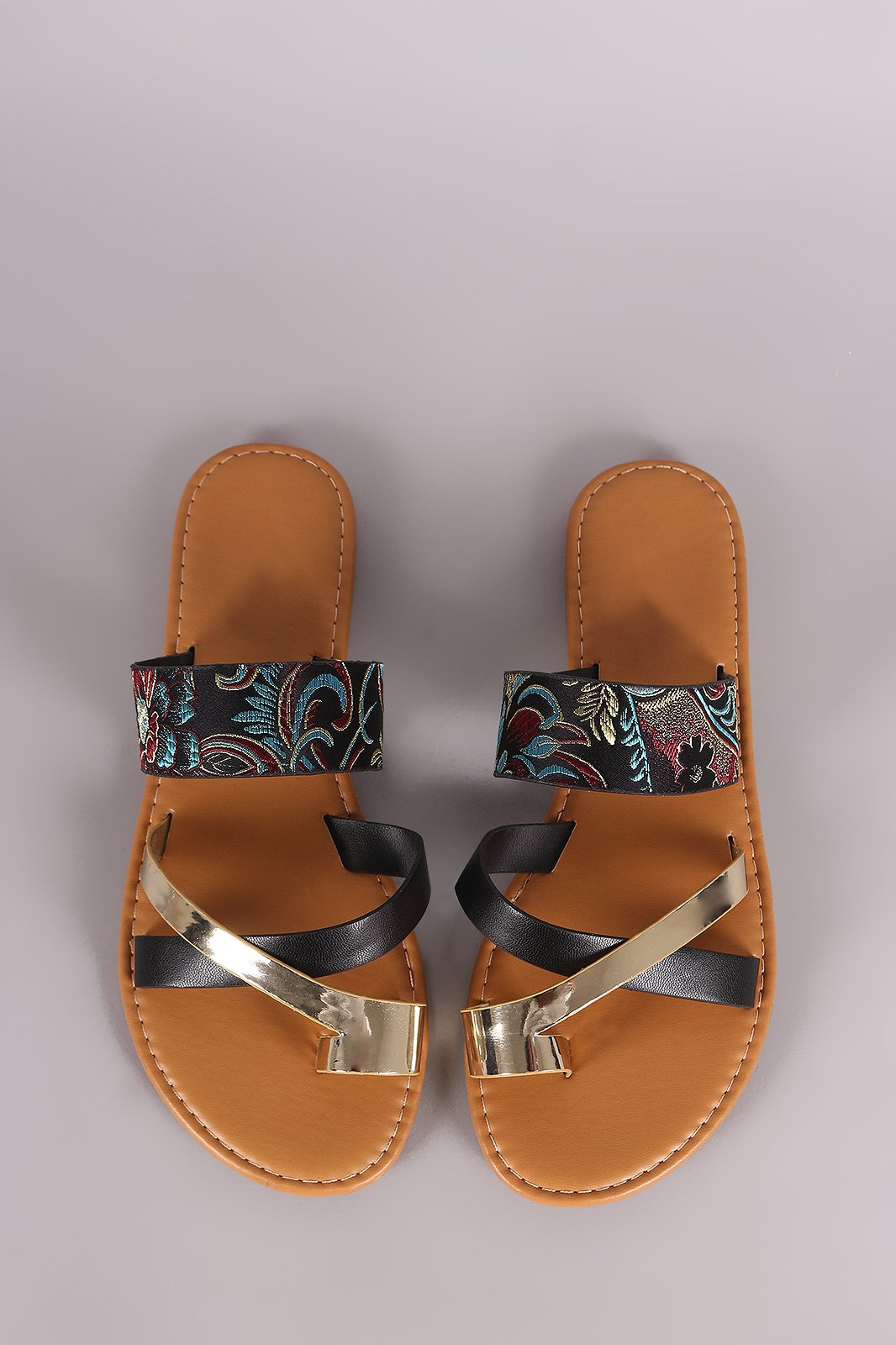 Bamboo Satin Embroidery Strappy Toe Ring Flat Slip On Sandal