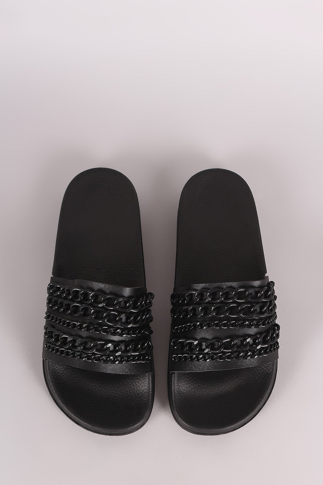 Bamboo Leather Chain Embellished Open Toe Slide Sandal