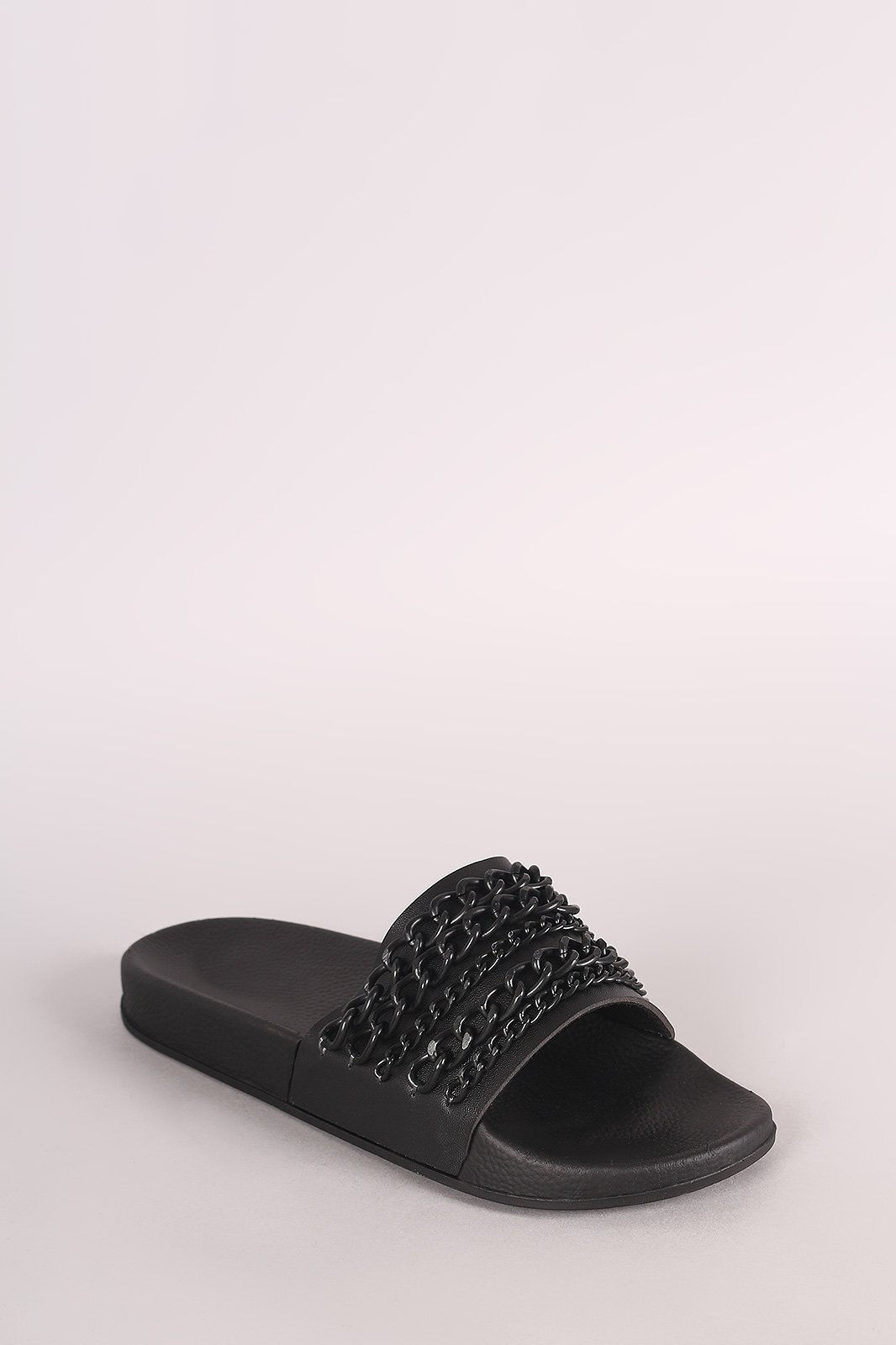 Bamboo Leather Chain Embellished Open Toe Slide Sandal