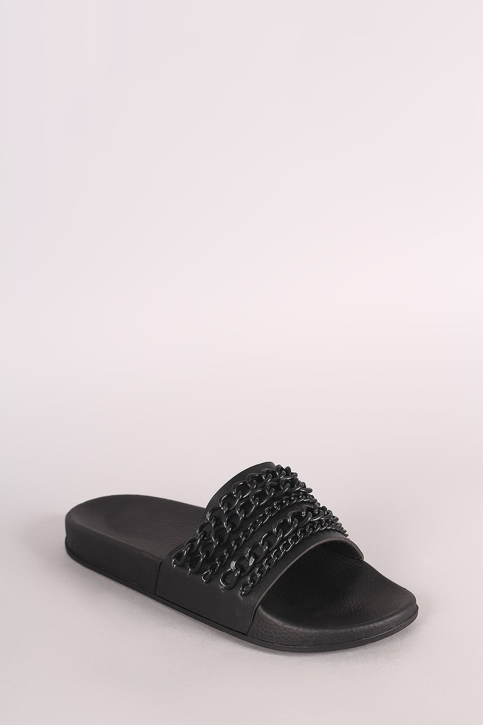 Bamboo Leather Chain Embellished Open Toe Slide Sandal