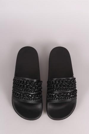 Bamboo Leather Chain Embellished Open Toe Slide Sandal