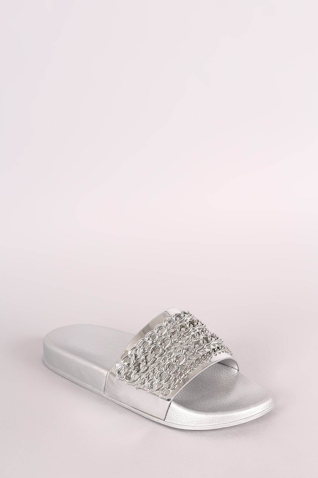 Bamboo Metallic Chain Embellished Open Toe Slide Sandal