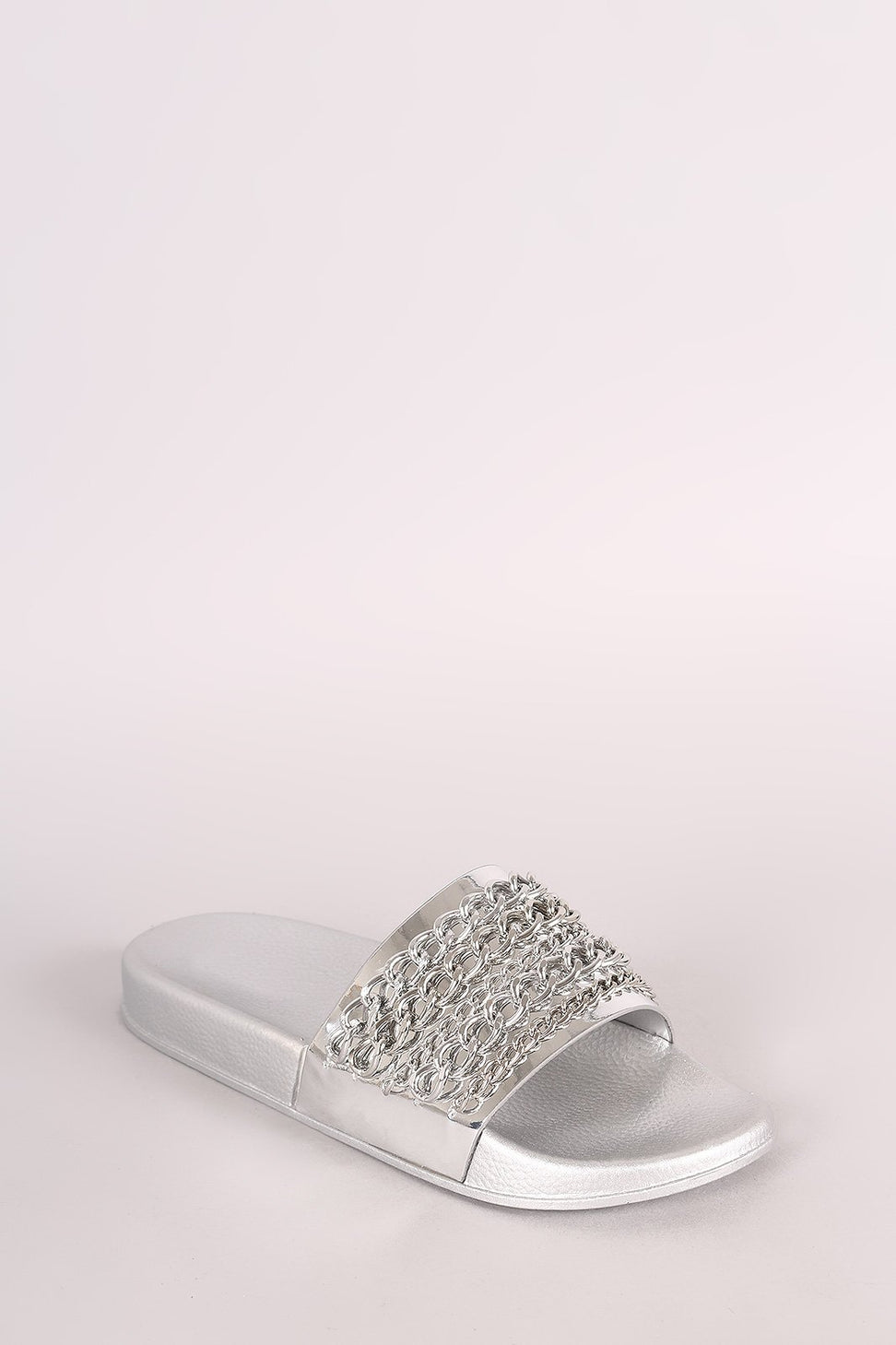 Bamboo Metallic Chain Embellished Open Toe Slide Sandal