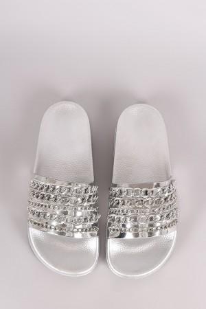 Bamboo Metallic Chain Embellished Open Toe Slide Sandal