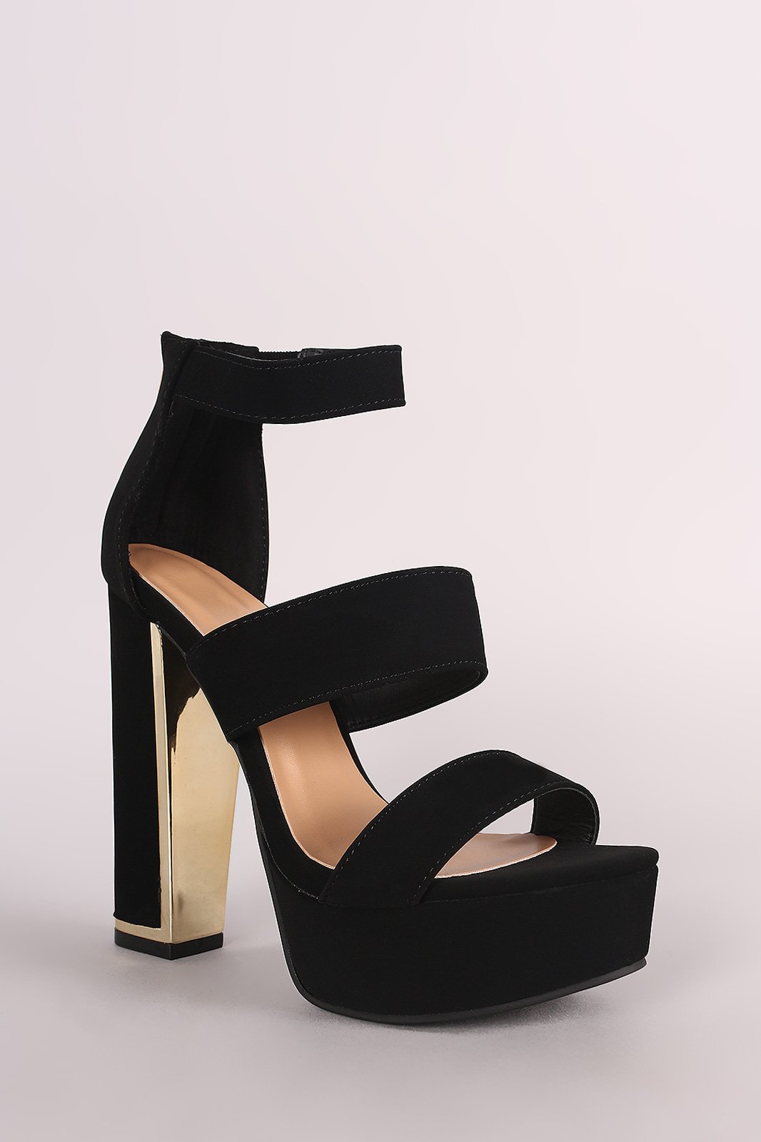 Bamboo Nubuck Triple Bands Chunky Platform Heel