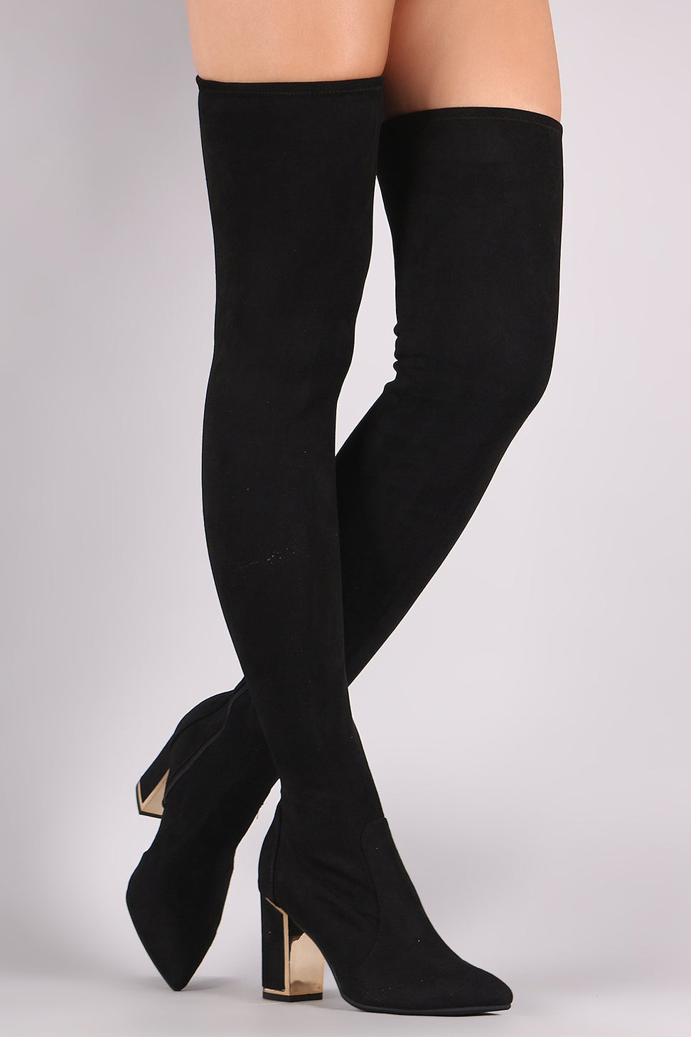 Bamboo Suede Pointy Toe Chunky Heeled Over-The-Knee Boots