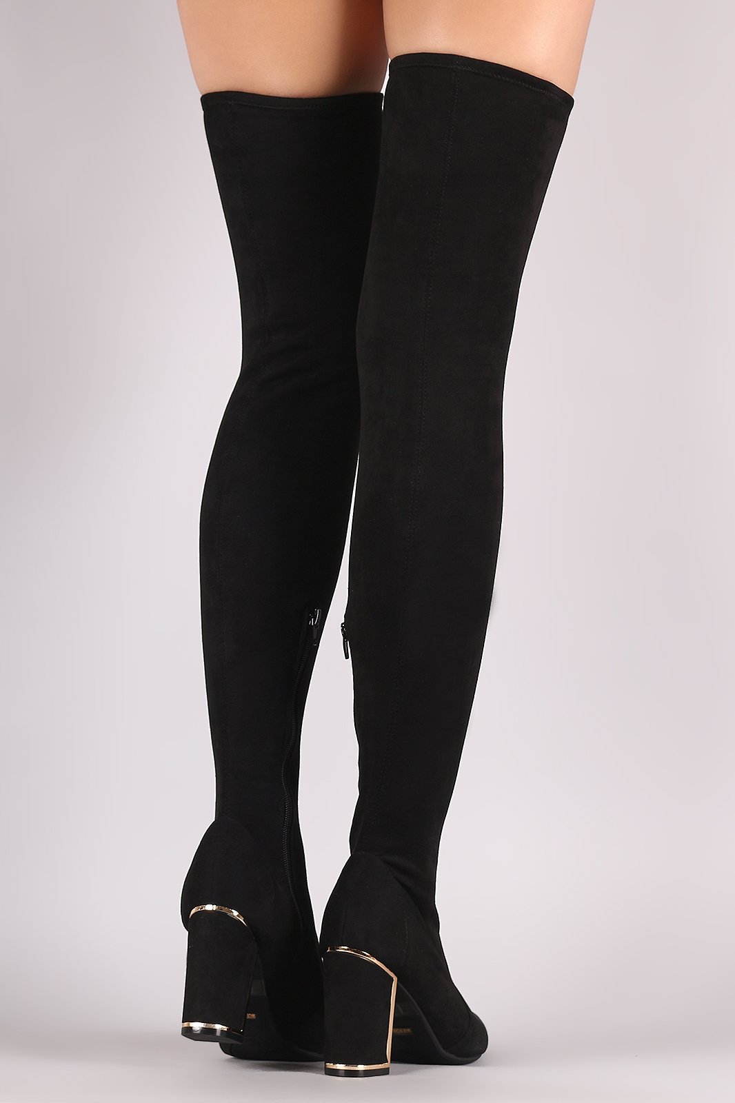 Bamboo Suede Pointy Toe Chunky Heeled Over-The-Knee Boots