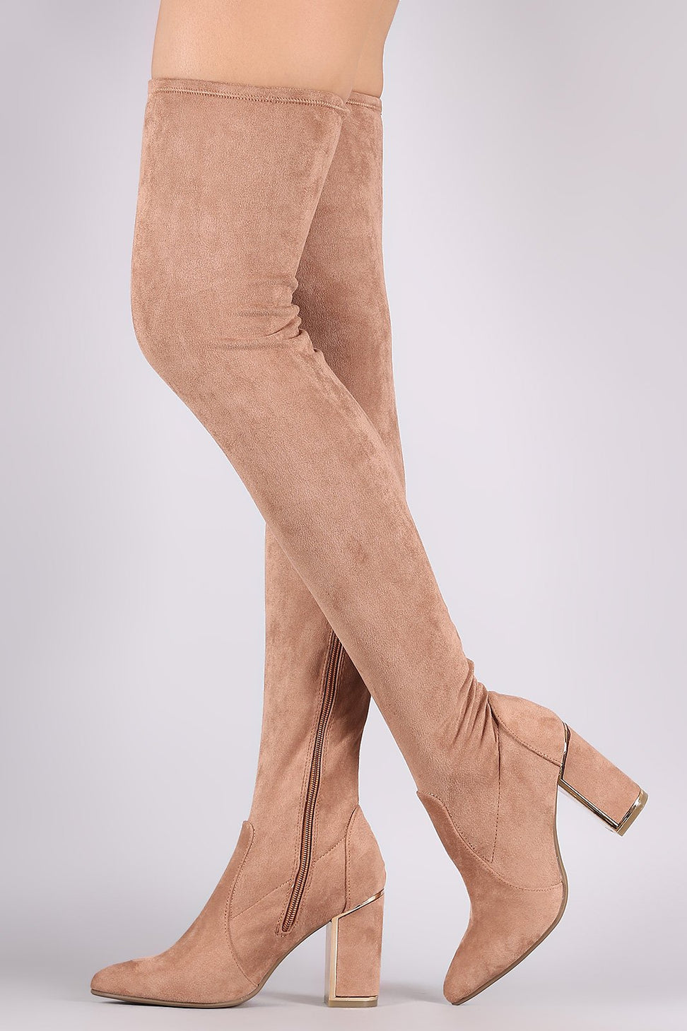 Bamboo Suede Pointy Toe Chunky Heeled Over-The-Knee Boots