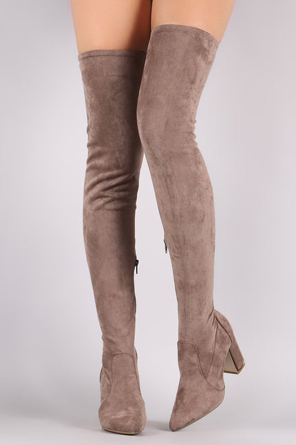 Bamboo Suede Pointy Toe Chunky Heeled Over-The-Knee Boots