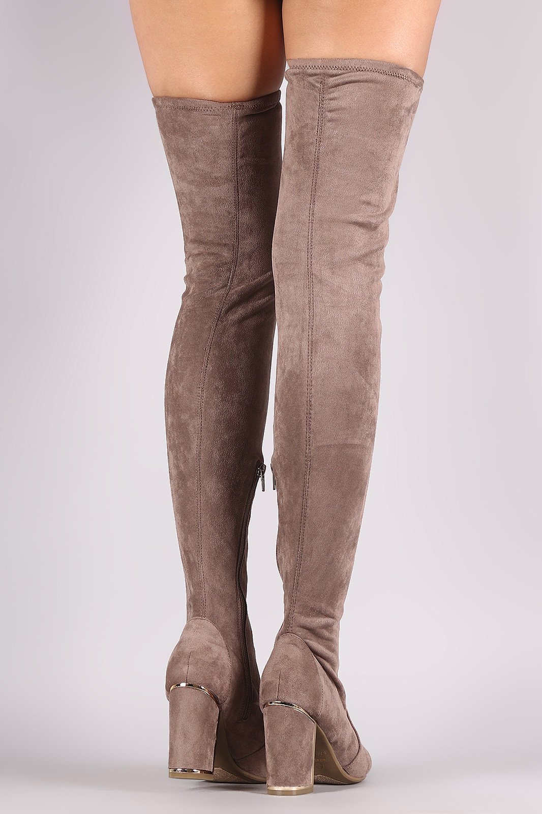 Bamboo Suede Pointy Toe Chunky Heeled Over-The-Knee Boots