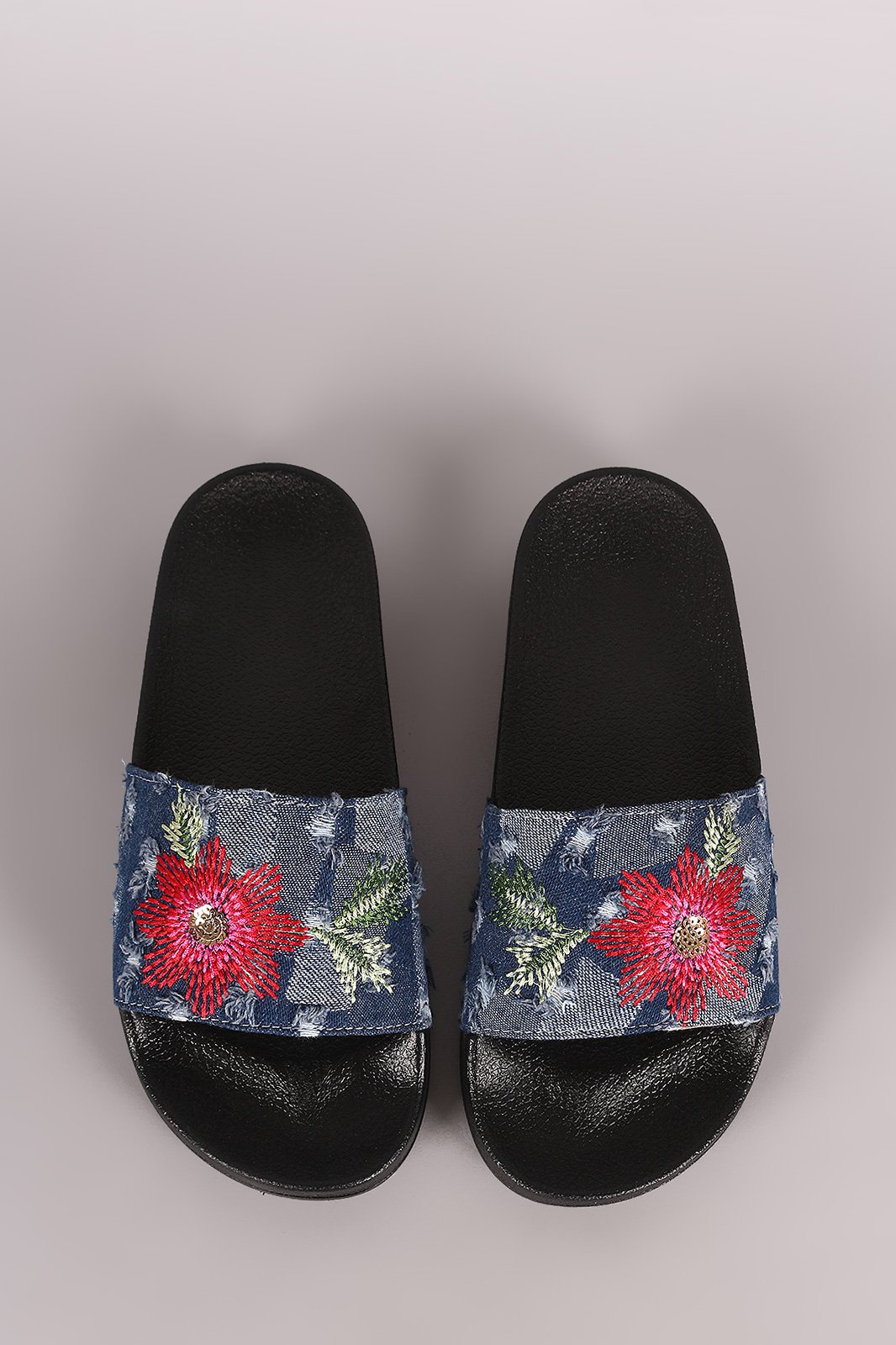 Distressed Denim Embroidered Floral Slide Sandal - NoveltyOne