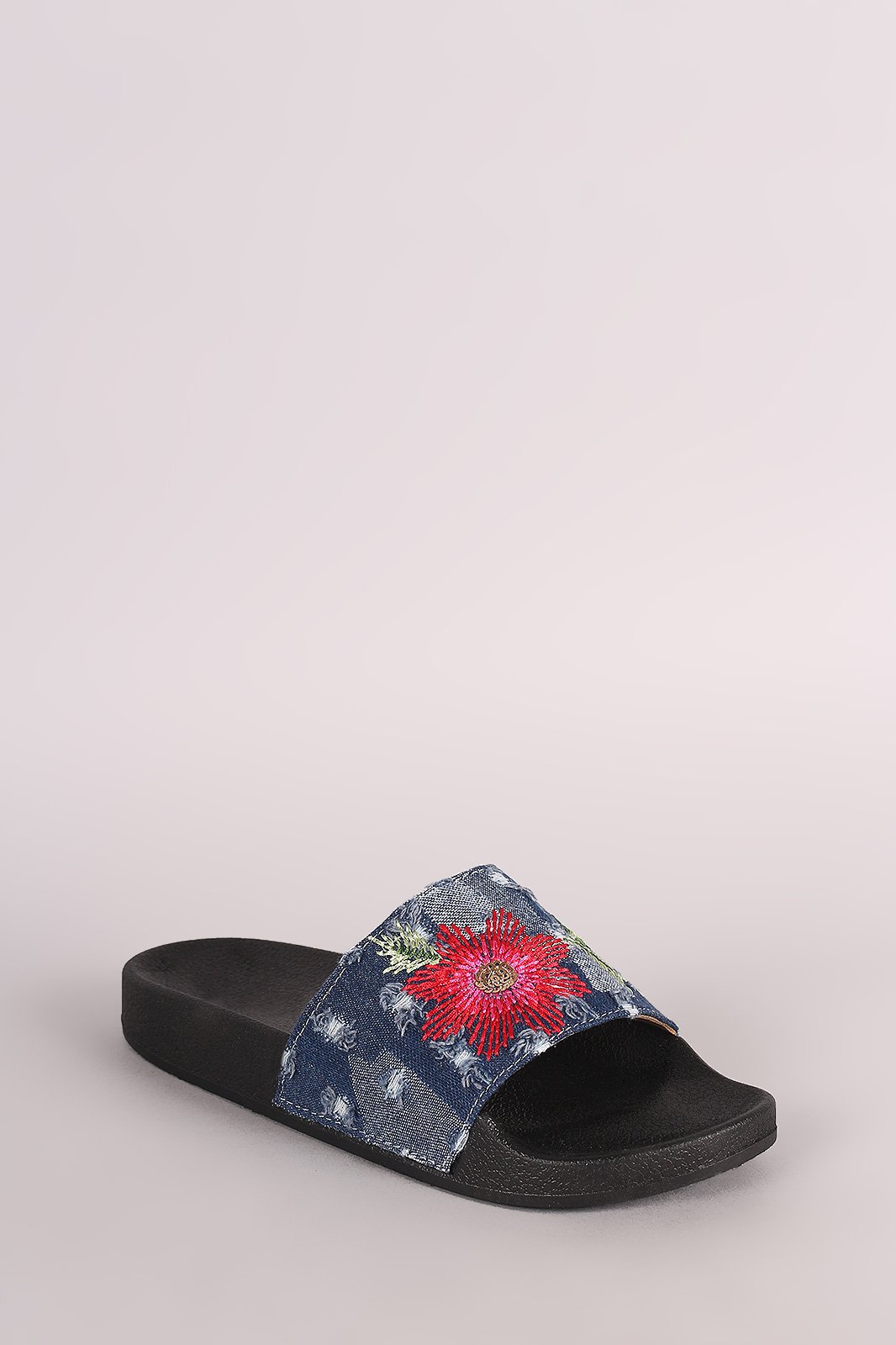 Distressed Denim Embroidered Floral Slide Sandal - NoveltyOne