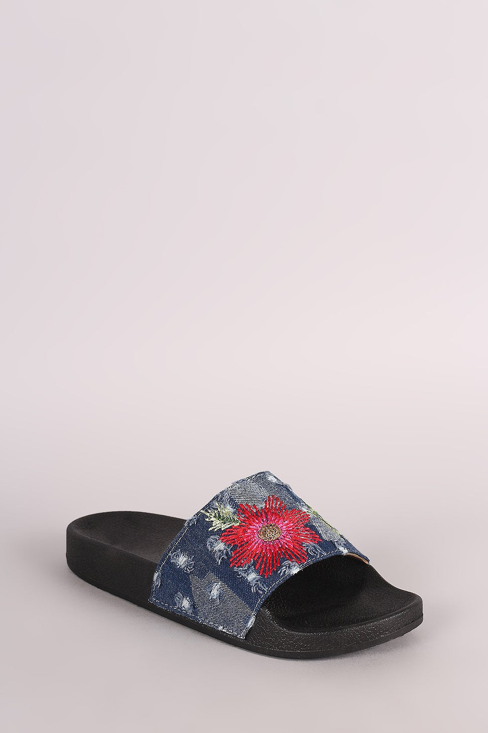 Distressed Denim Embroidered Floral Slide Sandal - NoveltyOne