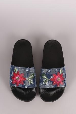 Distressed Denim Embroidered Floral Slide Sandal - NoveltyOne
