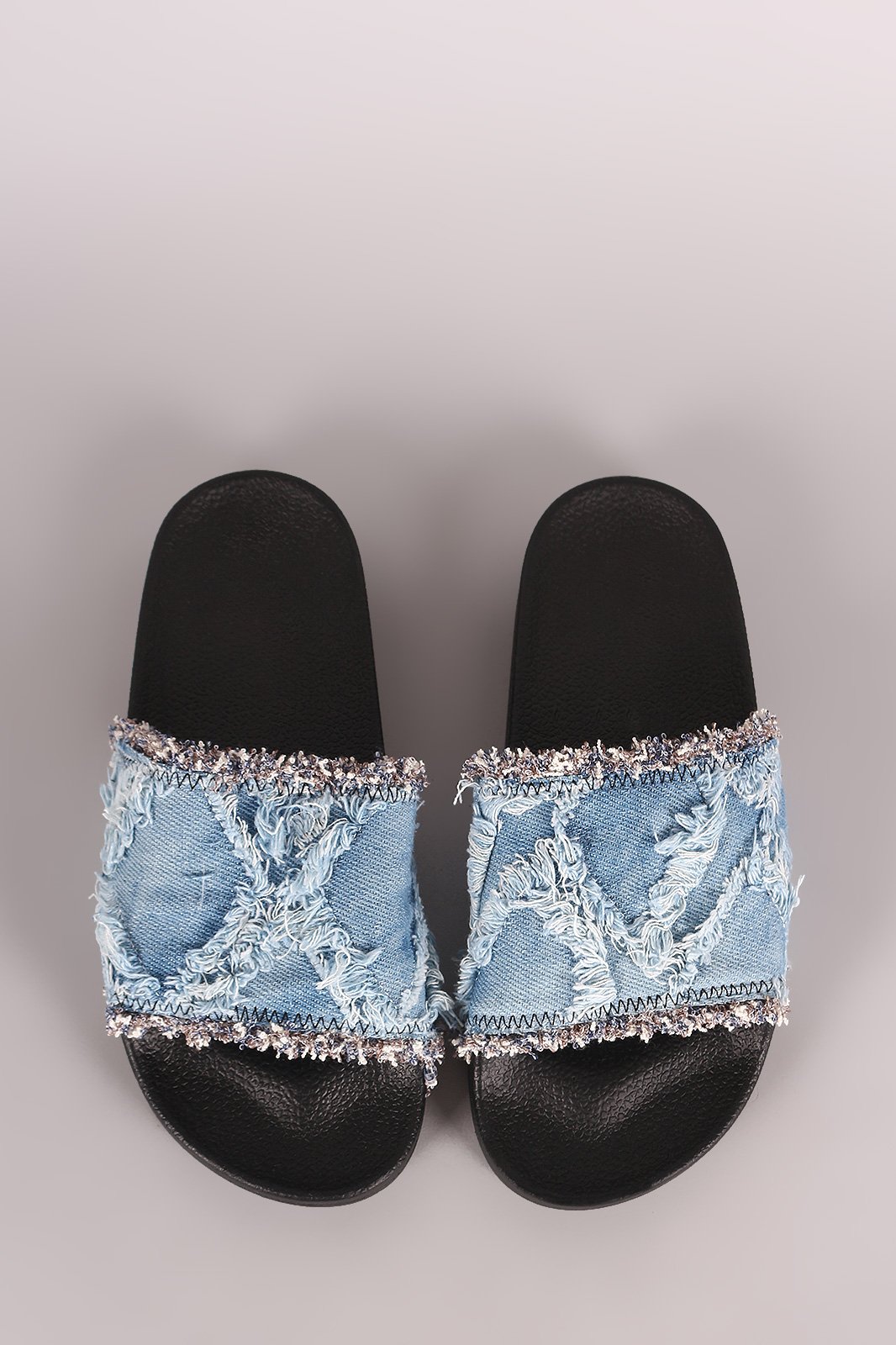 Frayed Patchwork Denim Slide Sandal - NoveltyOne