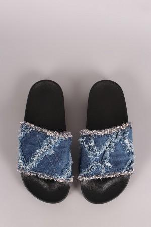 Frayed Patchwork Denim Slide Sandal - NoveltyOne
