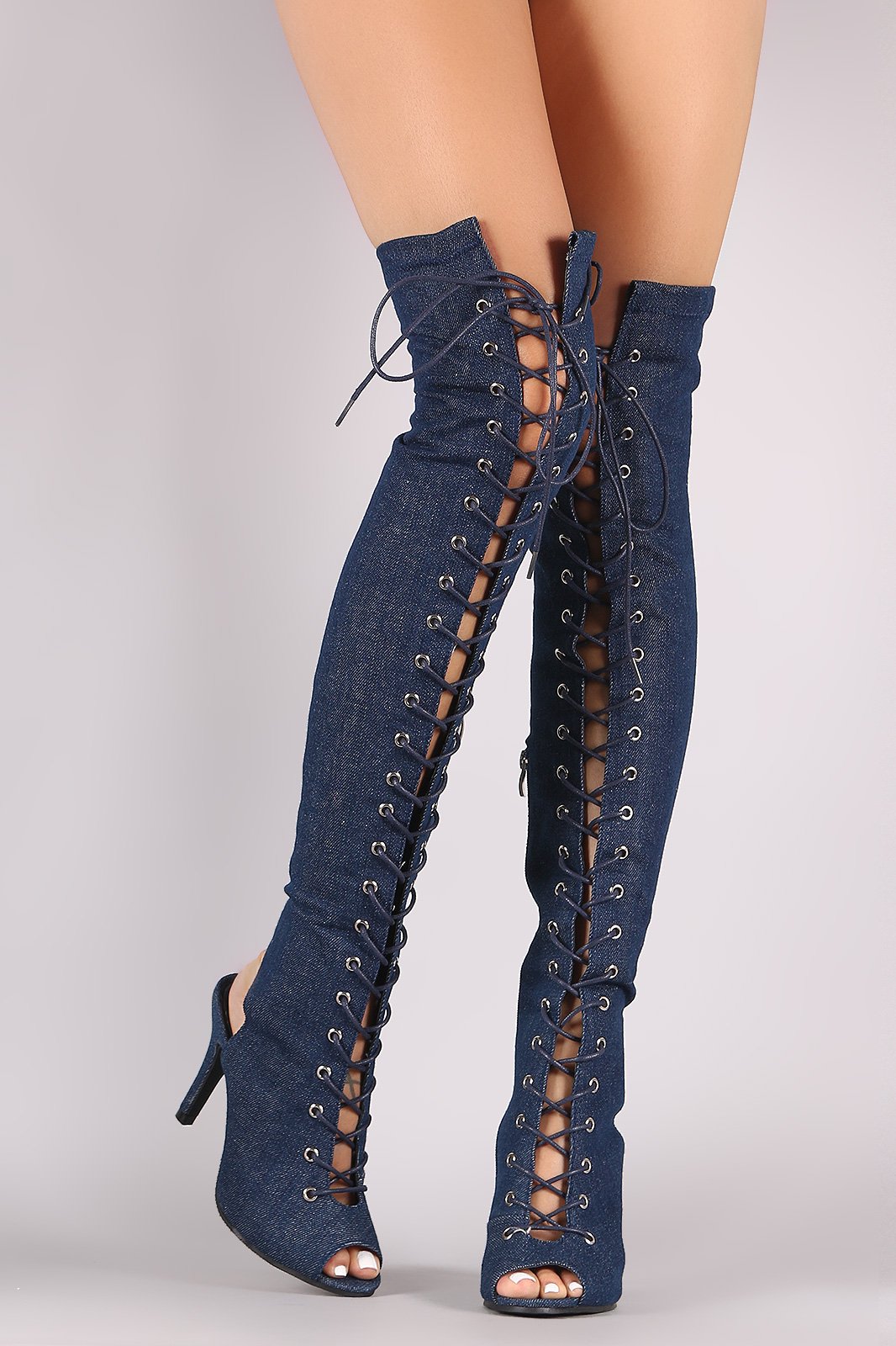 Denim Peep Toe Lace Up Heeled Over-The-Knee Boots