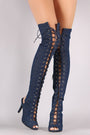 Denim Peep Toe Lace Up Heeled Over-The-Knee Boots