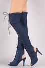 Denim Peep Toe Lace Up Heeled Over-The-Knee Boots