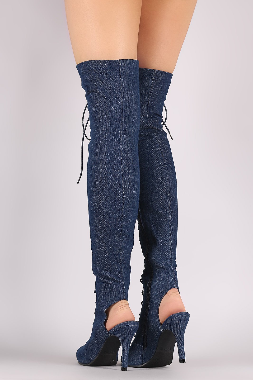 Denim Peep Toe Lace Up Heeled Over-The-Knee Boots