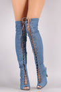 Denim Peep Toe Lace Up Heeled Over-The-Knee Boots