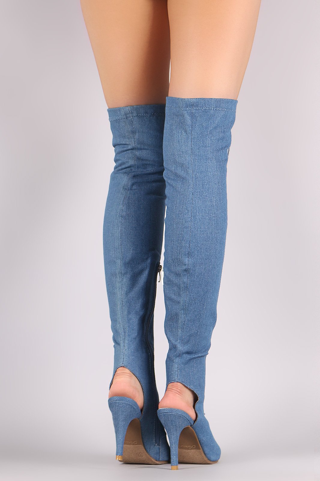 Denim Peep Toe Lace Up Heeled Over-The-Knee Boots
